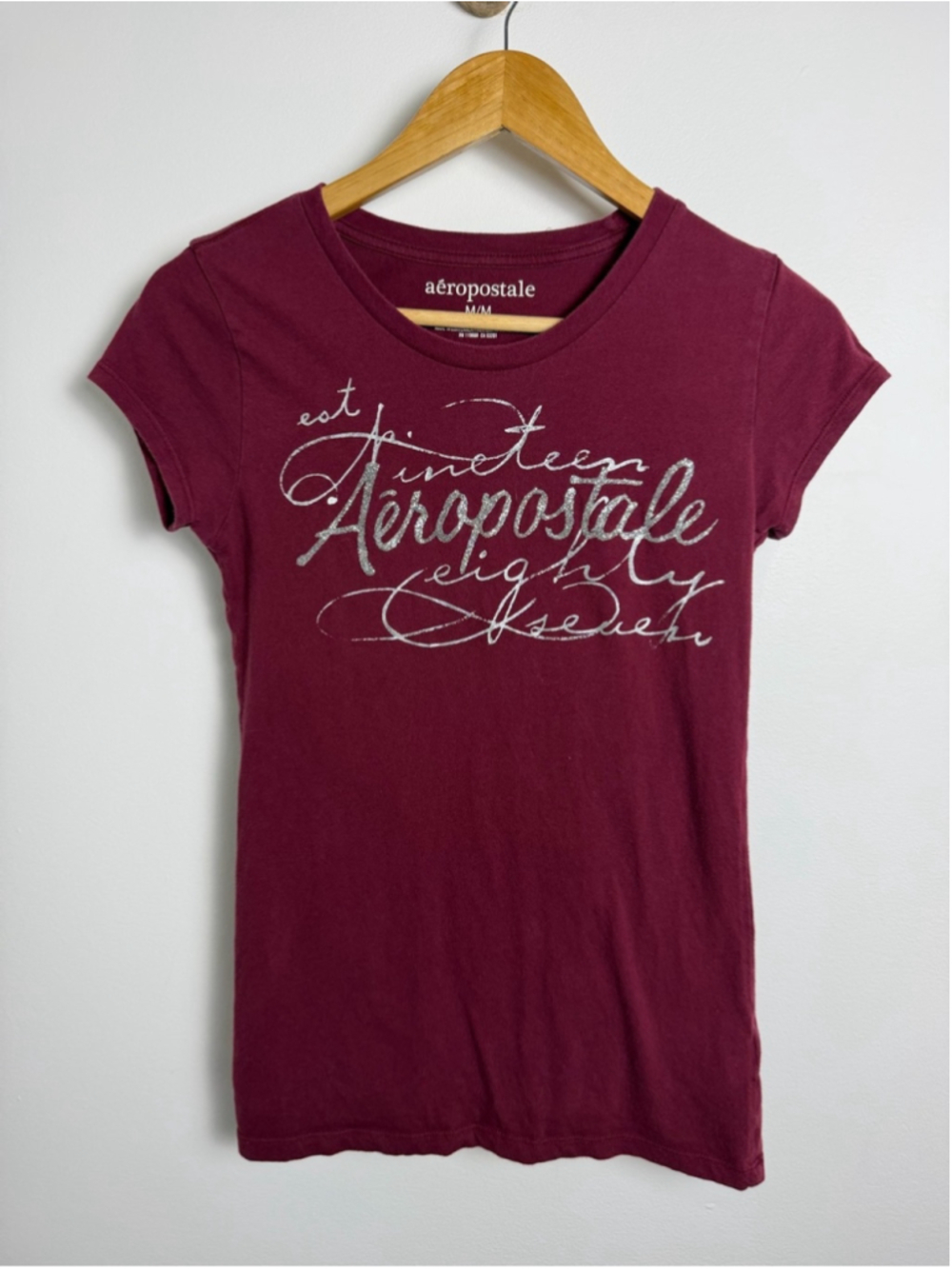 Aeropostale Y2K Fitted Baby Tee Burgundy Silver Logo M